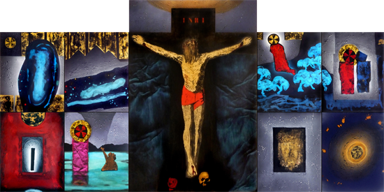 Un polyptyque de neuf panneaux sur la vie du Christ, au format de 195 x 390 cm